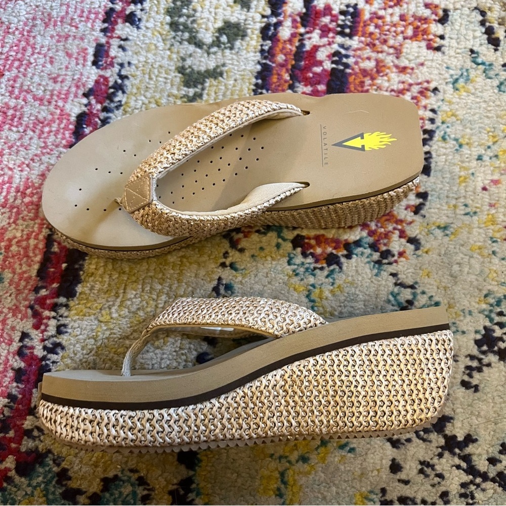 Volatile Woven Platform Flip Flop Sandals in Beige